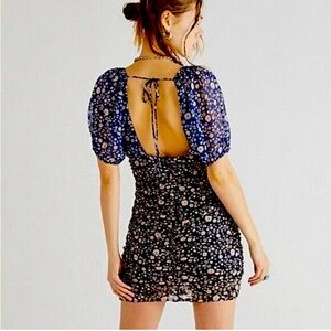 Free People Tessa Floral Gathered Mini Dress Blue / Black